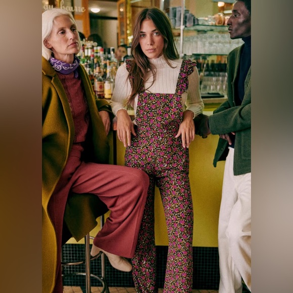 Sezane Pants - Sezane Pink Floral Ruffle-Strap Jumpsuit